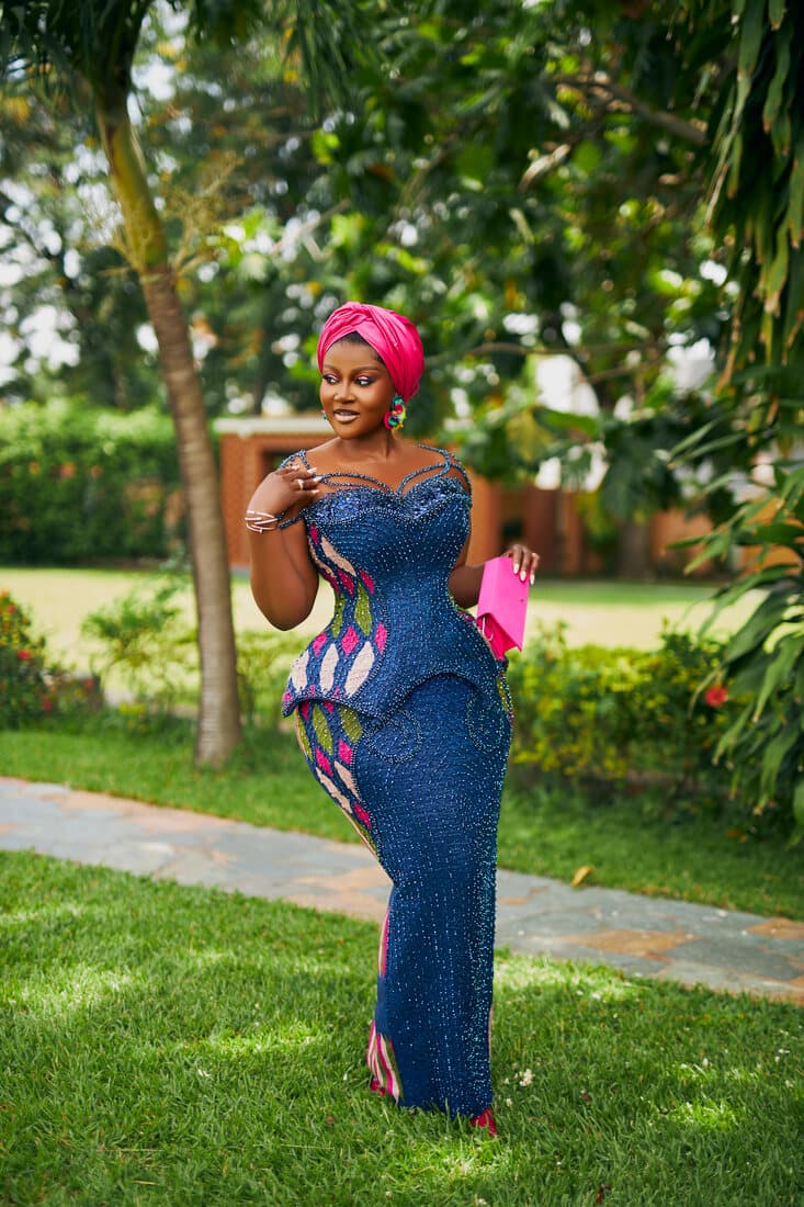 Blue beaded kente gown, full length